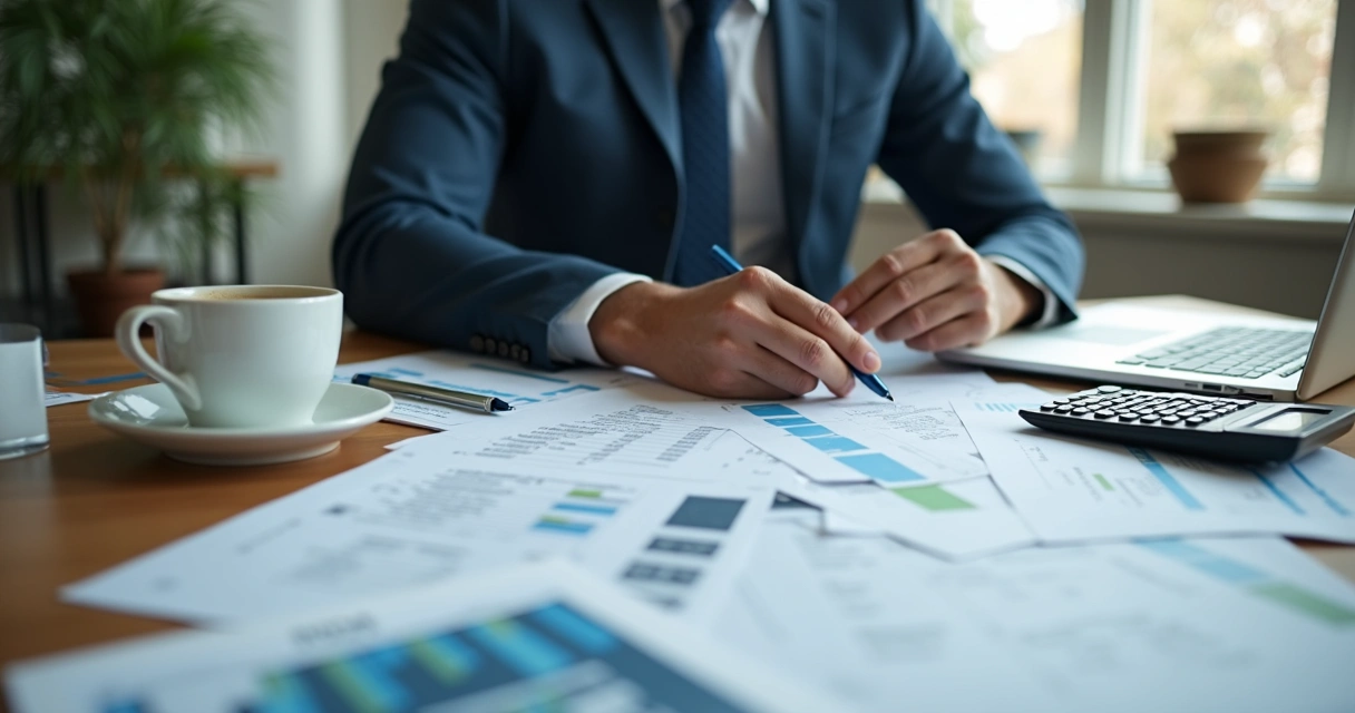 Pessoa analisando documentos financeiros com calculadora, planilhas e notebook na mesa 