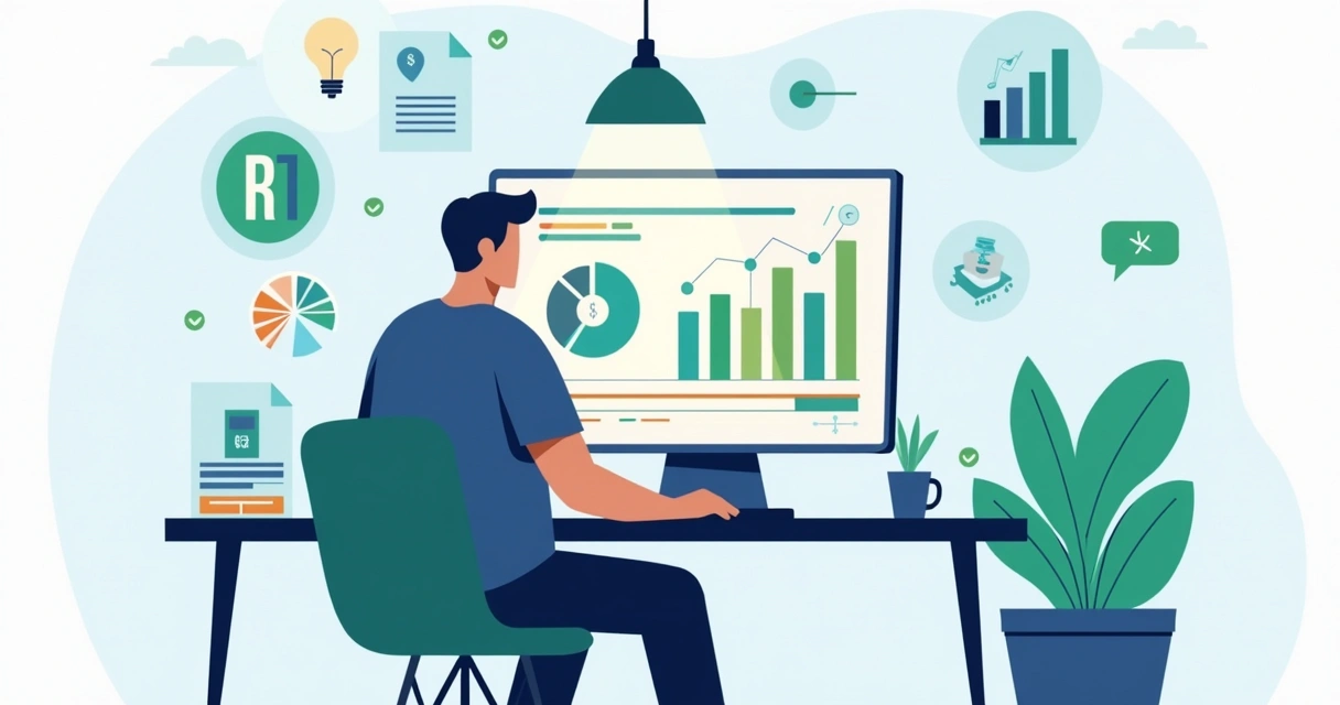 Pessoa analisando painel digital com gráficos de vendas, saldo e fluxo de caixa em ambiente online 