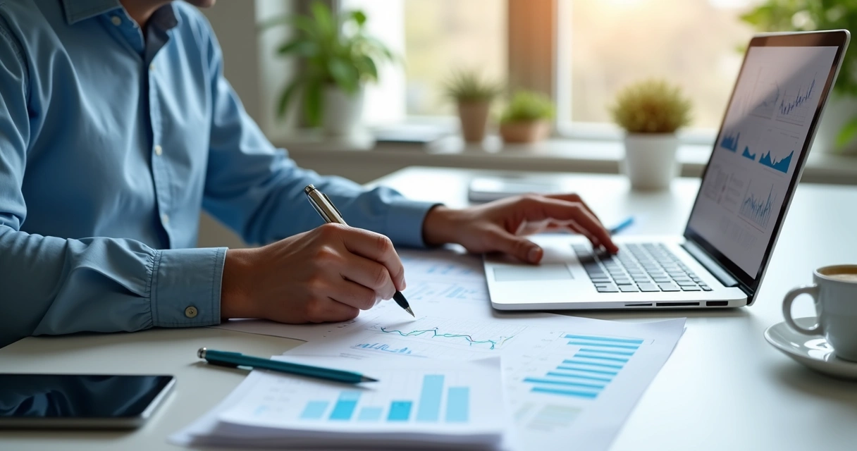 Empreendedor organizando contas em laptop com planilhas ao lado 