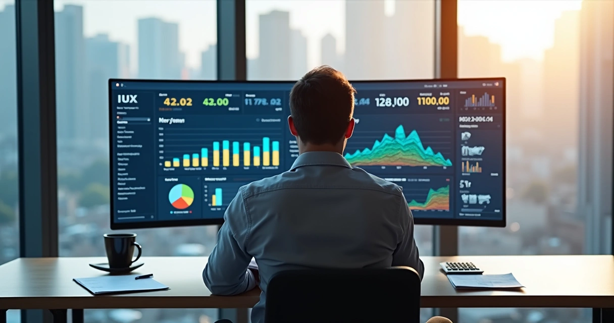 Gestor analisa dashboard financeiro na mesa de trabalho 