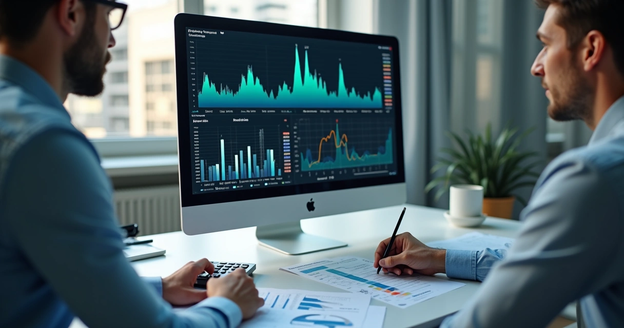 Gráfico financeiro ao lado de computador e planilhas 
