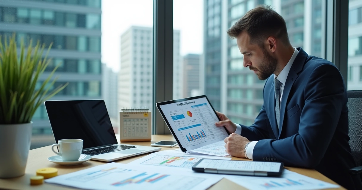Gestor analisando planilhas financeiras com gráficos 