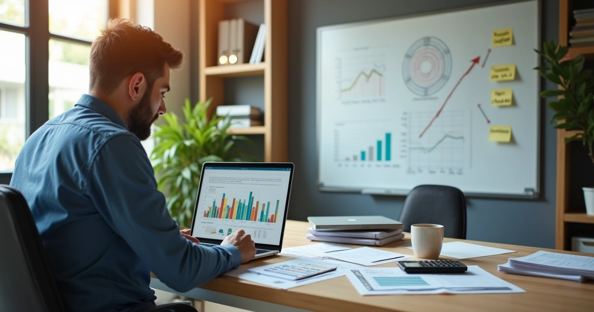 Gestor analisa gráficos financeiros em laptop em mesa de escritório moderna 