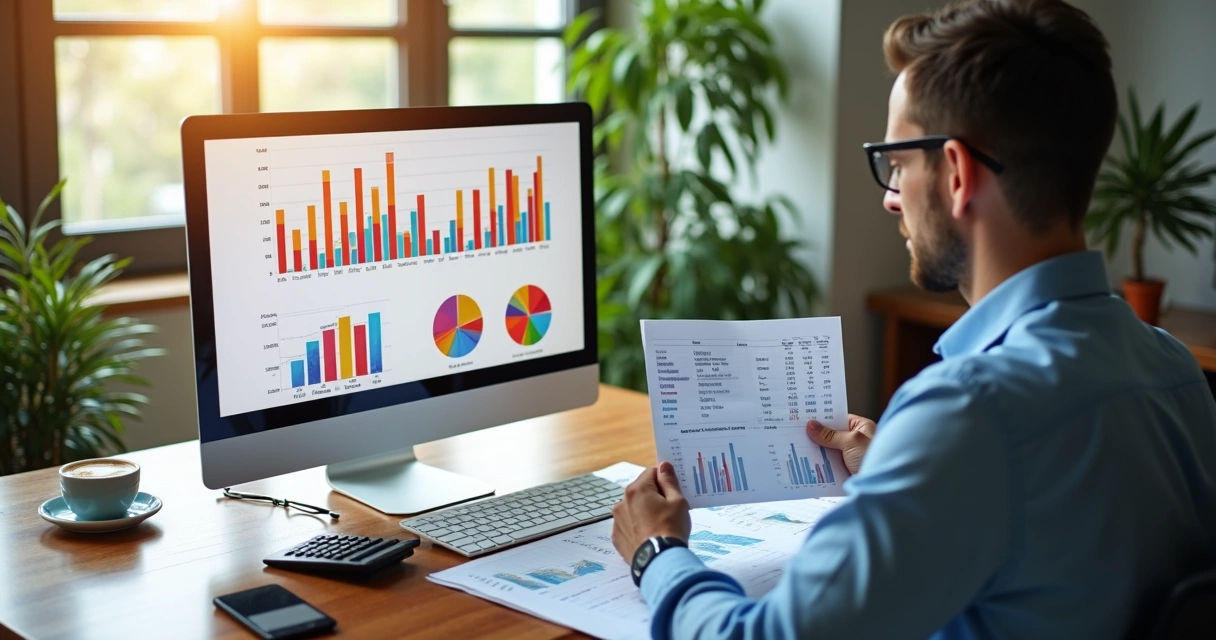 Gestor analisando gráficos financeiros em tela de computador 