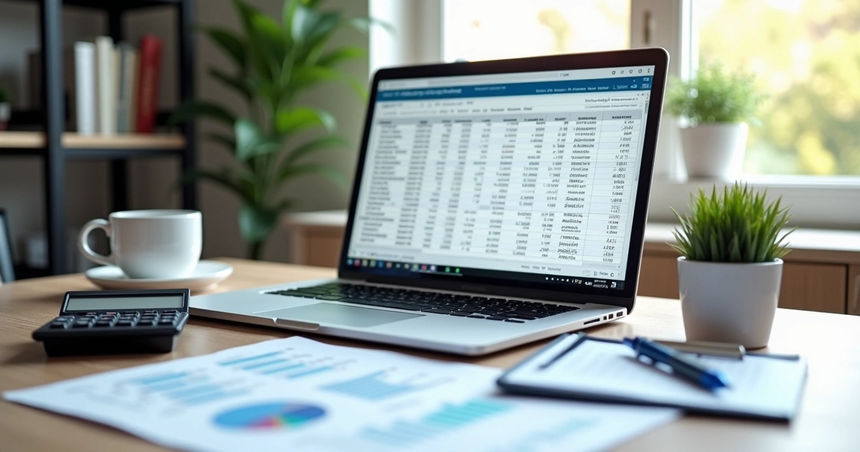Mesa de escritório com notebook, planilhas financeiras e calculadora mostrando gestão de fluxo de caixa empresarial 