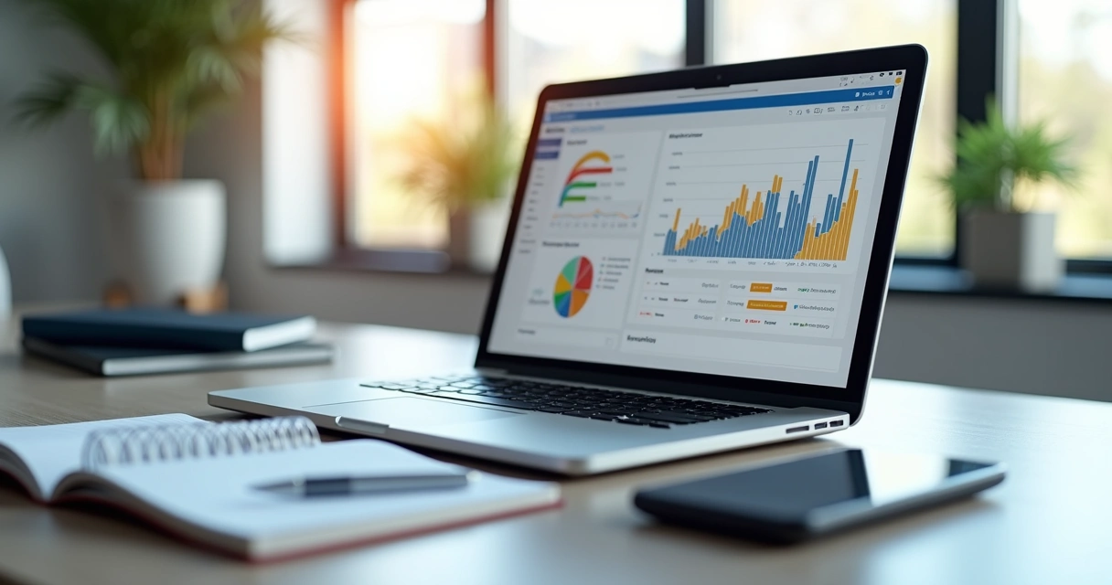 Mesa com notebook aberto em software financeiro, gráficos visíveis na tela, calculadora, caderno e caneta ao lado 