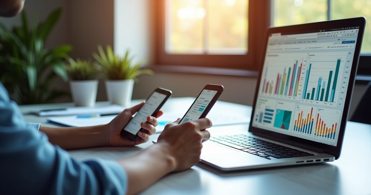 Mesa de escritório com computador exibindo dashboards financeiros personalizados, documentos e gráficos espalhados, mãos interagindo com tablet e smartphone mostrando dados financeiros 