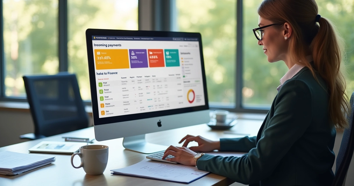 Dashboard financeiro digital com gráficos coloridos em tempo real