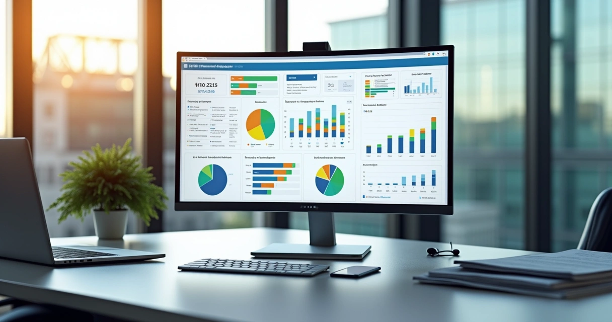 Computador com dashboard financeiro digital mostrando gráficos e relatórios administrativos detalhados 