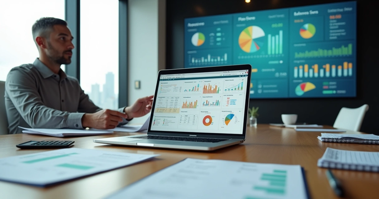 Gestor analisando painel financeiro com gráficos e indicadores em escritório moderno 