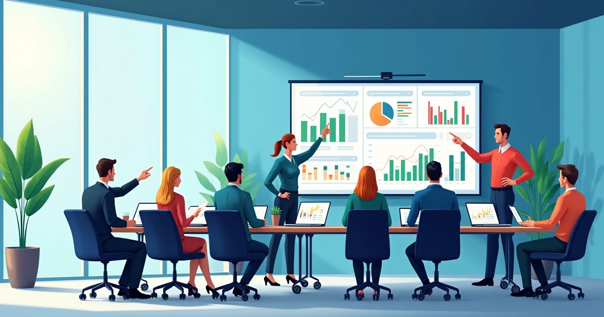 Equipe em sala de reunião analisando gráficos financeiros em tablets e um quadro digital com dados da empresa
