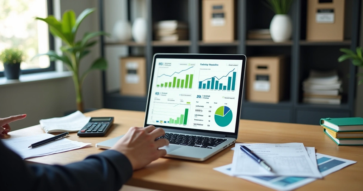 Gestor analisando dashboard financeiro colorido em notebook sobre mesa de escritório organizada 