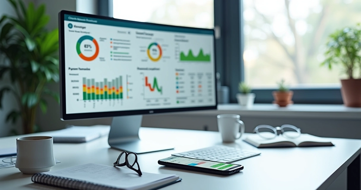 Tela de computador mostrando dashboard financeiro de ERP Omie integrado, gráfico de faturamento e controle bancário 