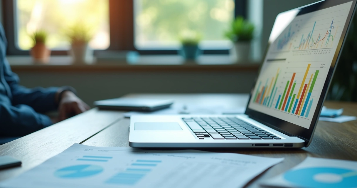 Mão digitando em notebook com gráficos financeiros na tela 