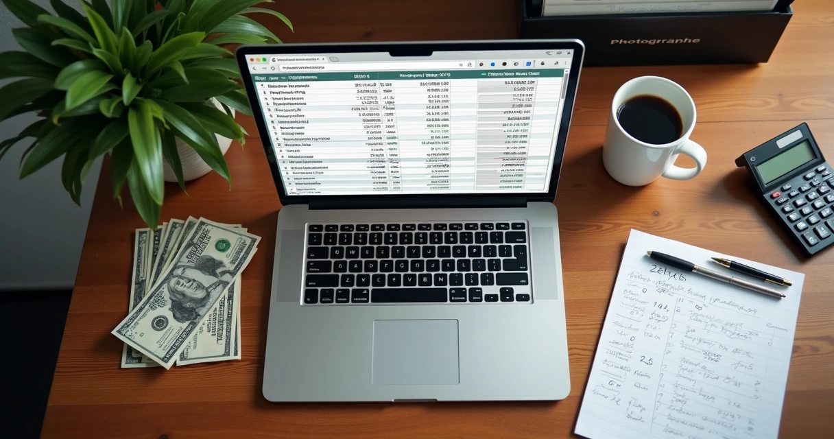 Mesa de escritório com planilhas financeiras e câmera fotográfica. 