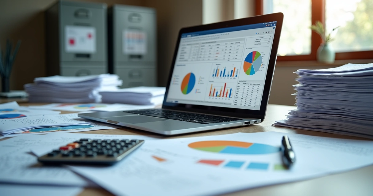 Mesa de escritório com pilhas de documentos financeiros desorganizados, laptop aberto com planilhas de gestão financeira e gráficos, além de uma calculadora e caneta sobre a mesa 