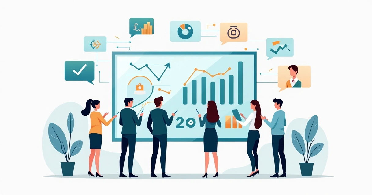 Ilustração corporativa plana mostrando profissionais analisando gráficos financeiros em tela grande com elementos digitais ao redor 