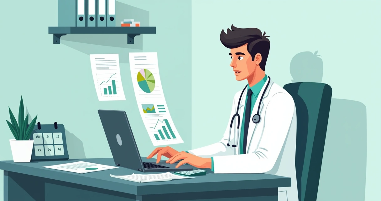 Ilustração corporativa de médico analisando fluxo de caixa em consultório com gráficos e calculadora 