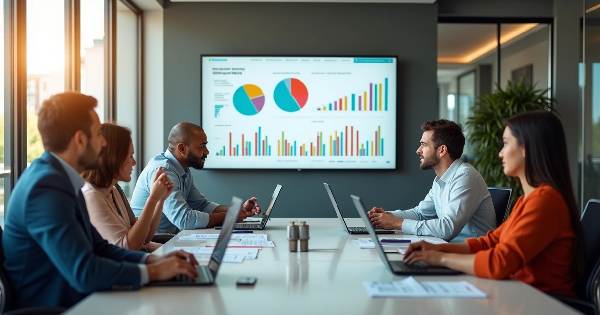 Equipe de funcionários discutindo gestão financeira com gráficos na mesa
