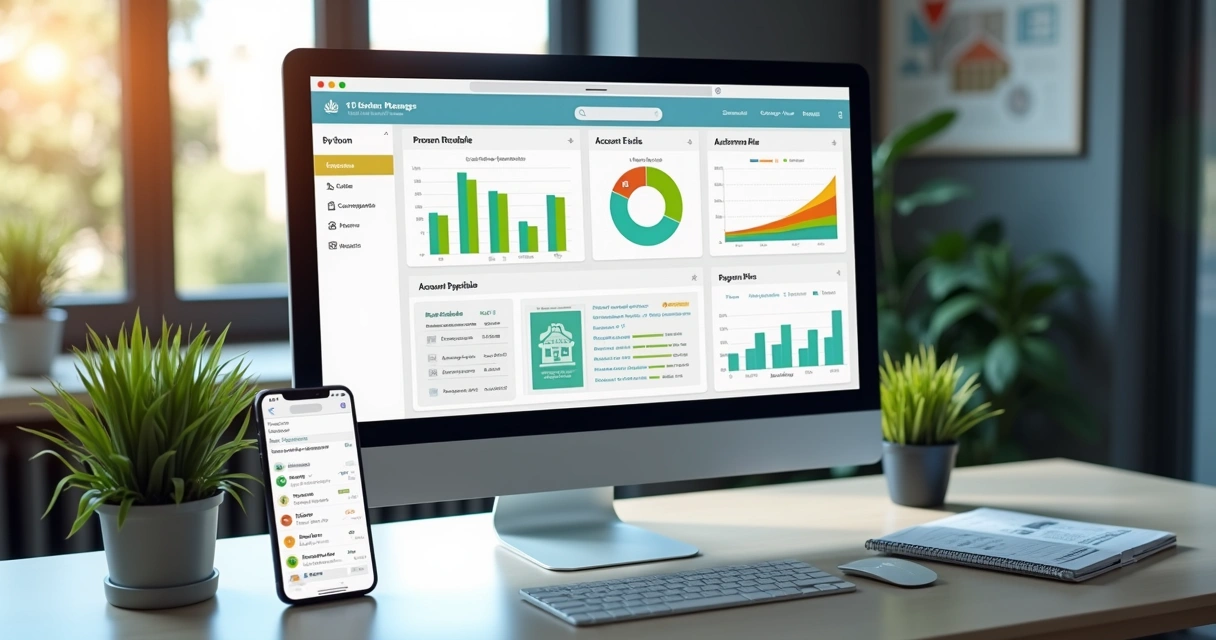 Representação de gestão financeira para imobiliárias com tela de computador mostrando gráficos e controles financeiros, smartphone com notificações de cobranças e ambiente moderno de escritório 
