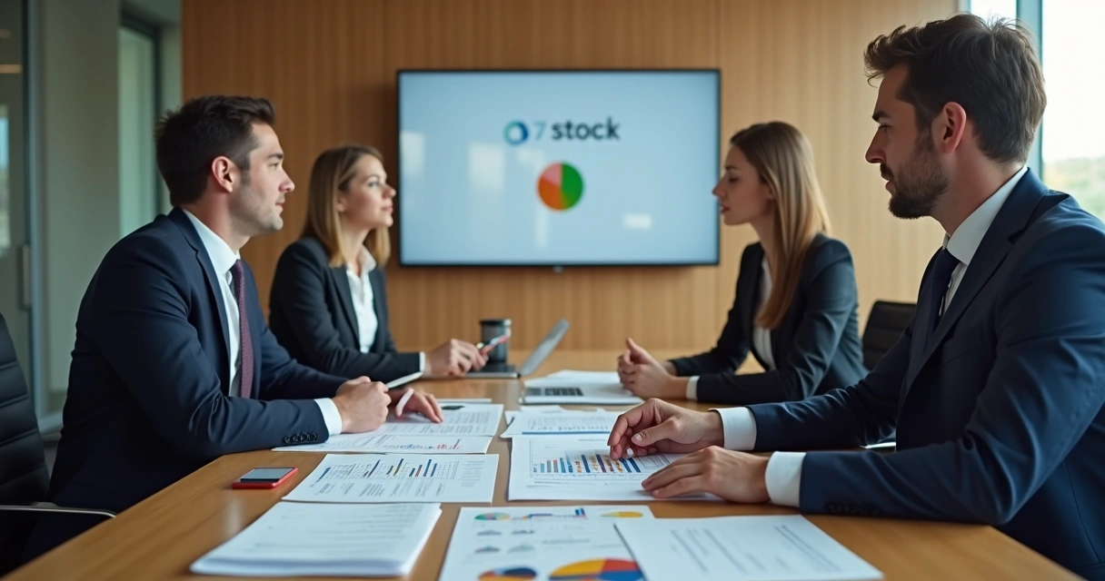 Sala de reuniões com empresários analisando documentos financeiros 