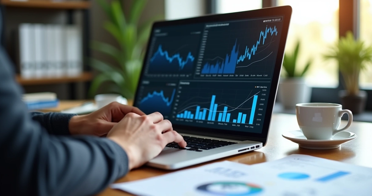Pessoa analisando gráficos financeiros em laptop com ambiente empresarial ao fundo 