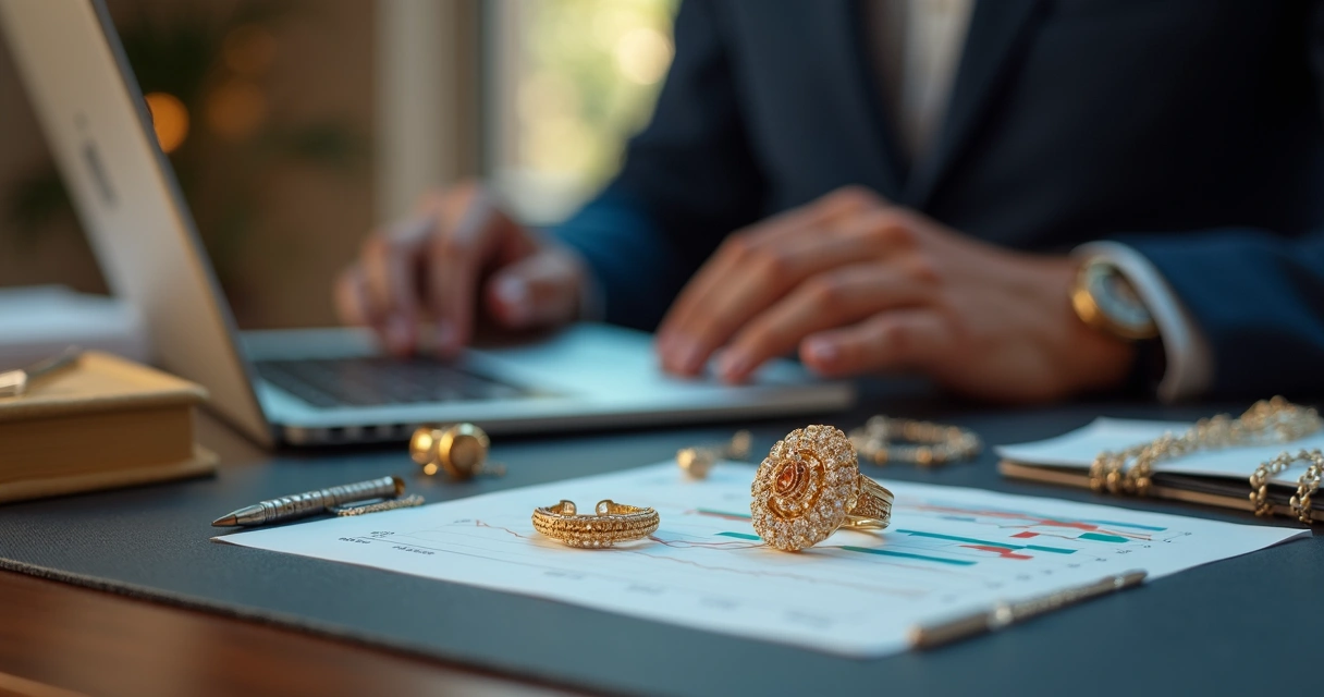 Gestor acompanhando finanças de joalheria em notebook ao lado de joias