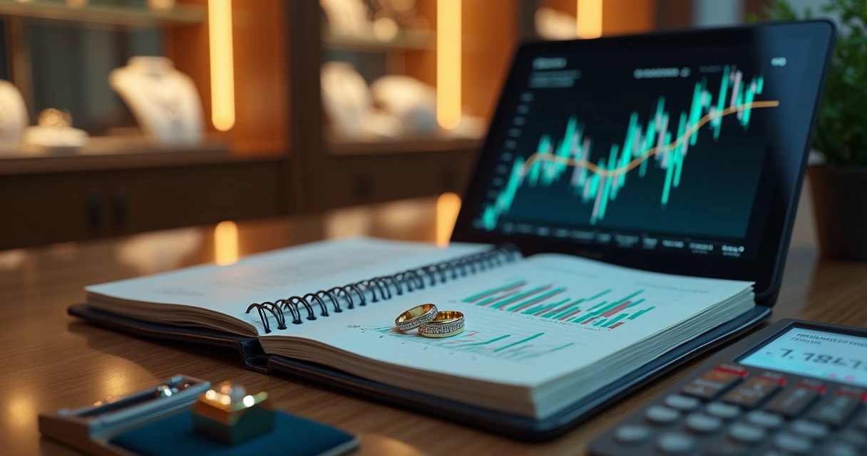 Mesa de trabalho moderna com notebook, gráficos financeiros digitais, joias e calculadora 