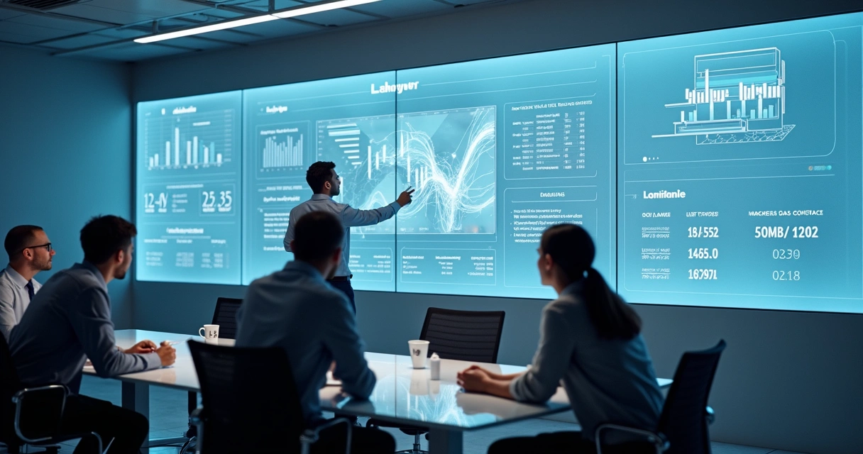 Painel digital mostra gráficos financeiros e dados de clientes jurídicos 