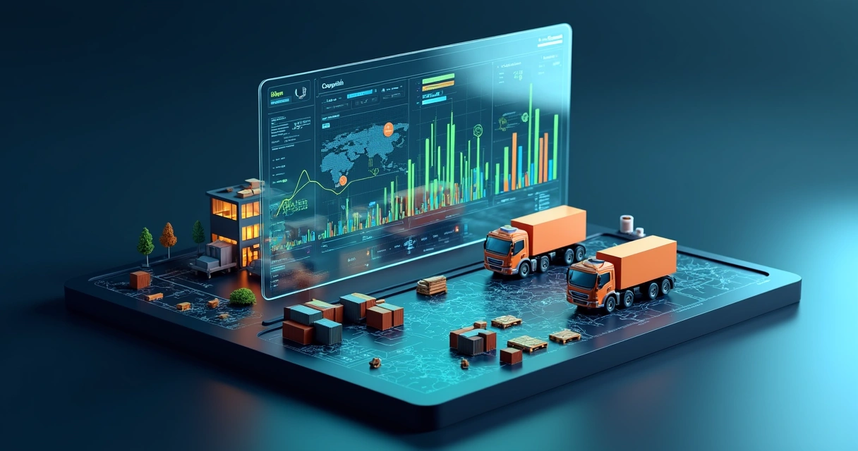 Painel financeiro 3D com caminhões e contêineres ao redor de gráficos digitais 