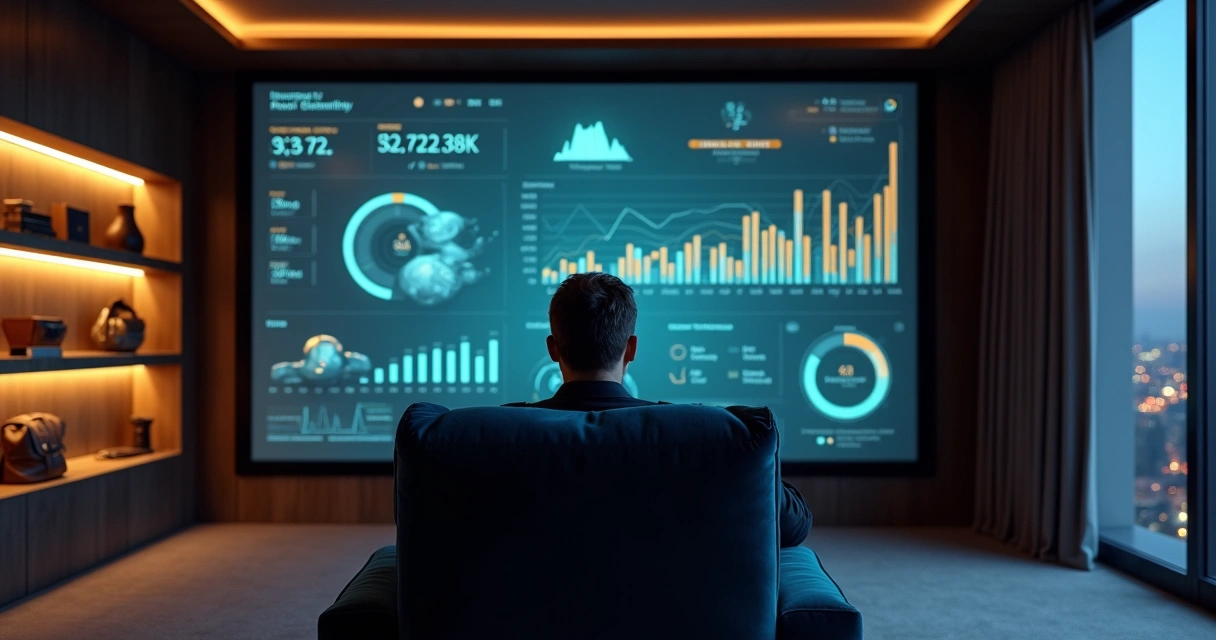 Empresário em poltrona de cinema privativo observando painel financeiro holográfico 