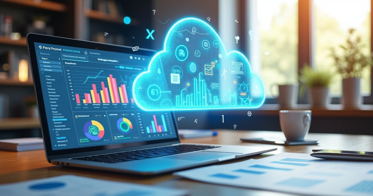 Mesa de escritório com laptop exibindo dashboard financeiro colorido, gráficos e dados em nuvem digital flutuante ao fundo 