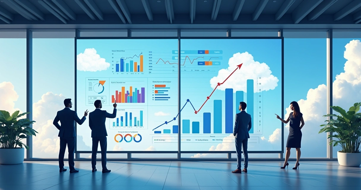 Equipe analisando painel financeiro em tela gigante com gráficos na nuvem