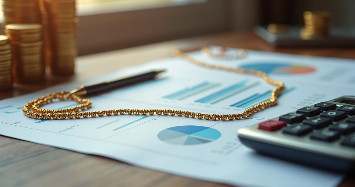 Tabela financeira de joalheria com gráficos de variação do ouro 