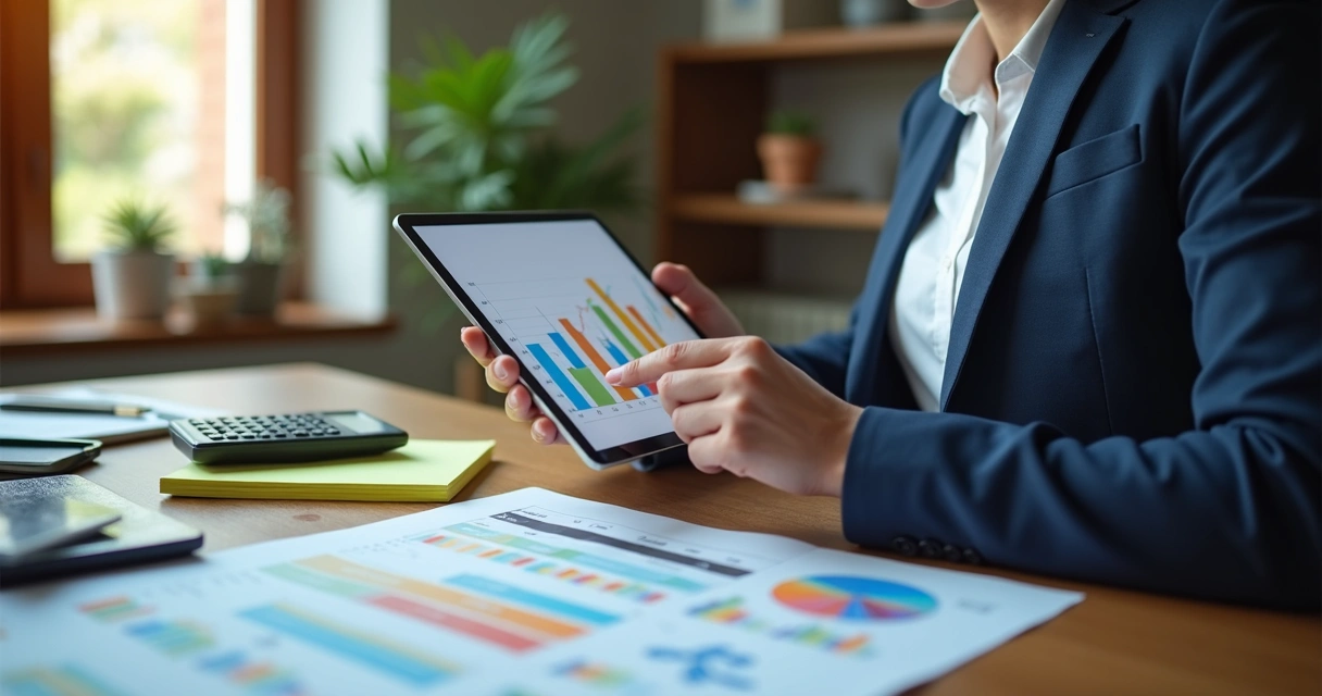 Gestora analisando gráficos financeiros com tablet e papéis. 