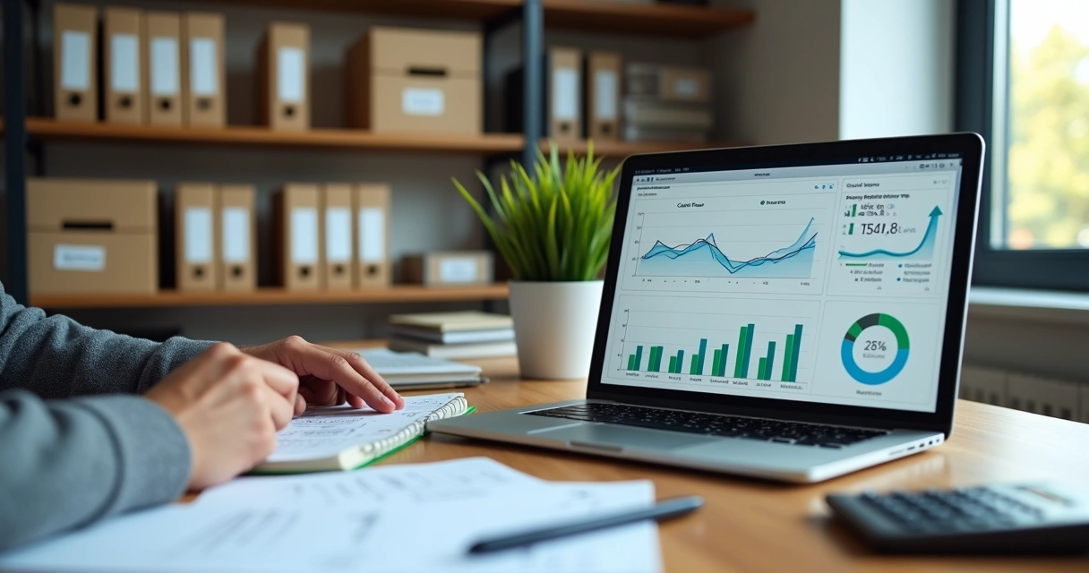 Empresária analisando fluxo de caixa em tela com gráficos financeiros coloridos 