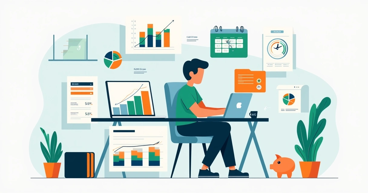 Ilustração de dono de pequena empresa organizando finanças com planilha e gráficos 