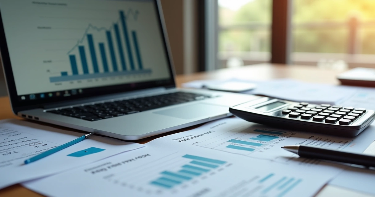 Mesa de trabalho com laptop aberto exibindo gráficos financeiros, planilhas, calculadora e anotações organizadas ao lado, ambiente iluminado e moderno 