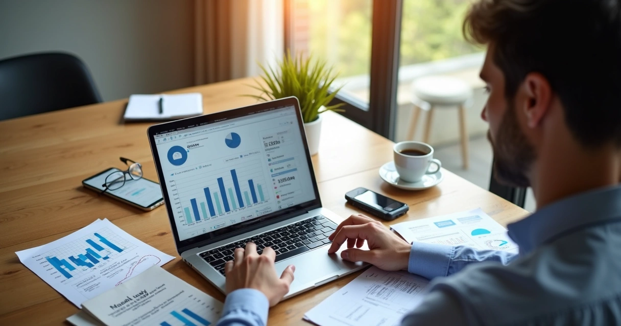 Empresário analisando gráficos financeiros em notebook com cálculos e documentos de planejamento à mesa 