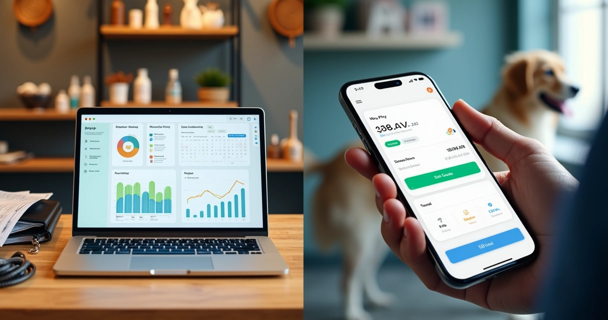 Tela dividida mostrando petshop usando sistema financeiro integrado e aplicativo bancário no celular 