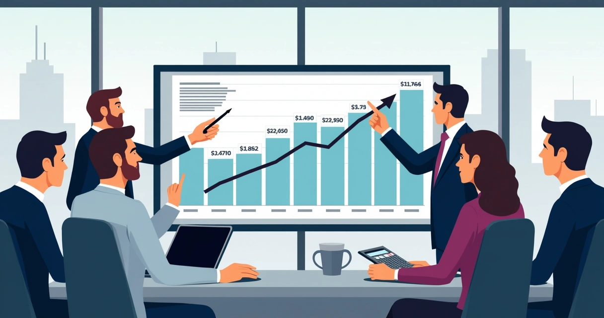 Equipe financeira analisando gráficos com custos de planos de saúde em um escritório moderno 
