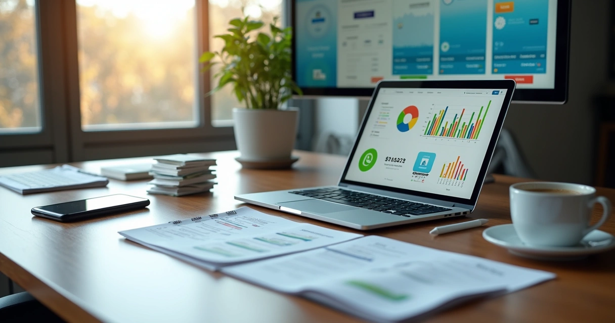 Mesa de trabalho com notebook exibindo gráficos financeiros, smartphone com notificações de cobranças e documentos organizados para gestão financeira de pequenas empresas 