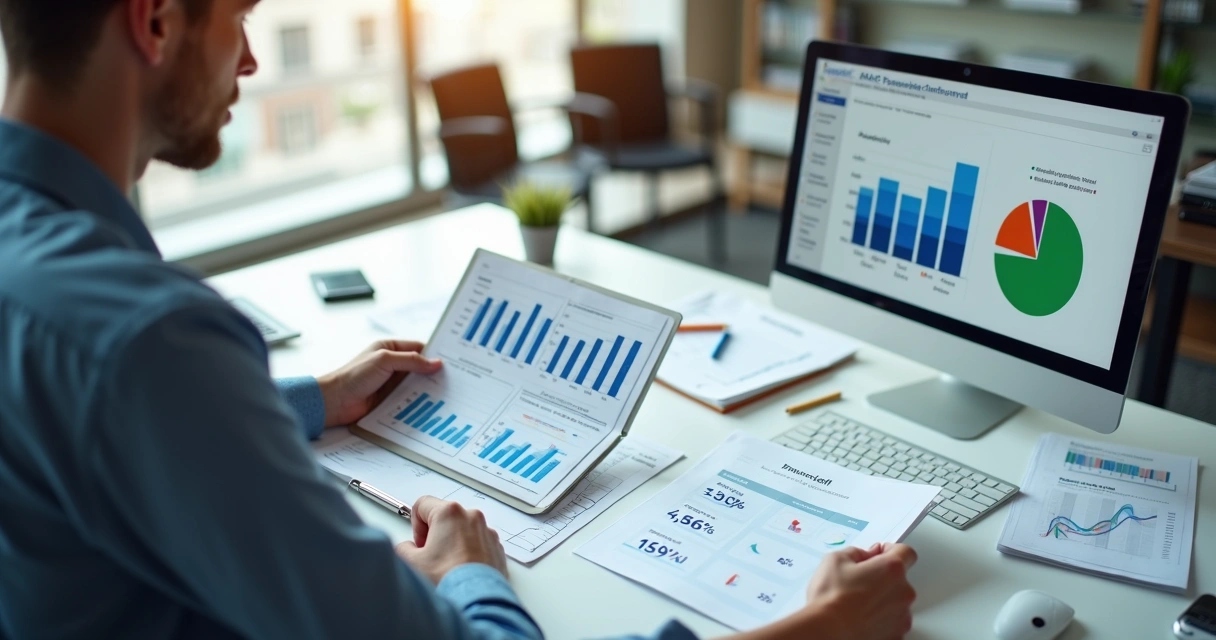 Profissional analisando relatórios de prevenção de acidentes e gestão financeira 