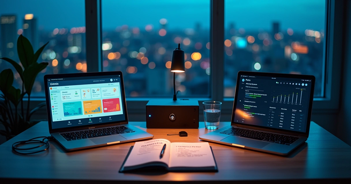 Painel financeiro aberto em dois notebooks mostrando comparação entre gestão em nuvem e sistema self-hosted 