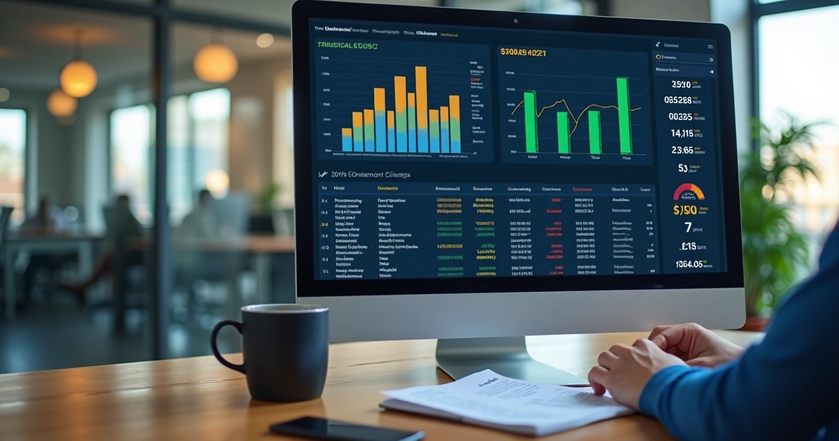 Profissional analisando dashboard de finanças com gráficos coloridos 