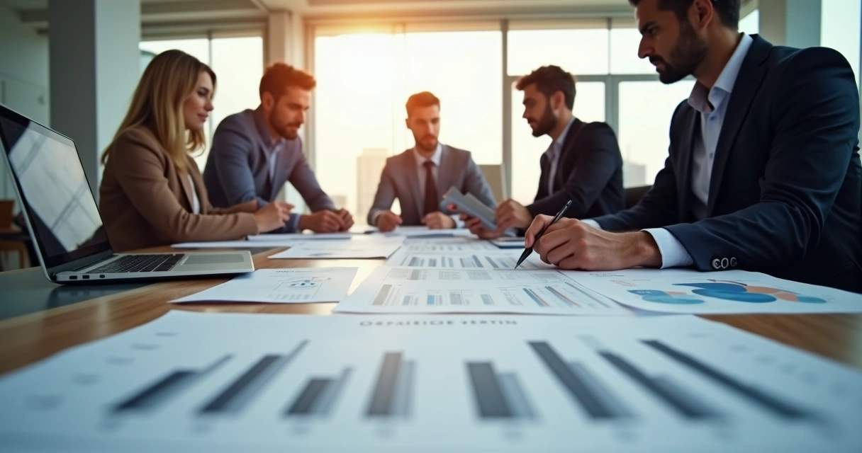 Mesa de reunião com profissionais de engenharia e finanças analisando gráficos e planilhas de CAPEX em laptop e papéis detalhados 