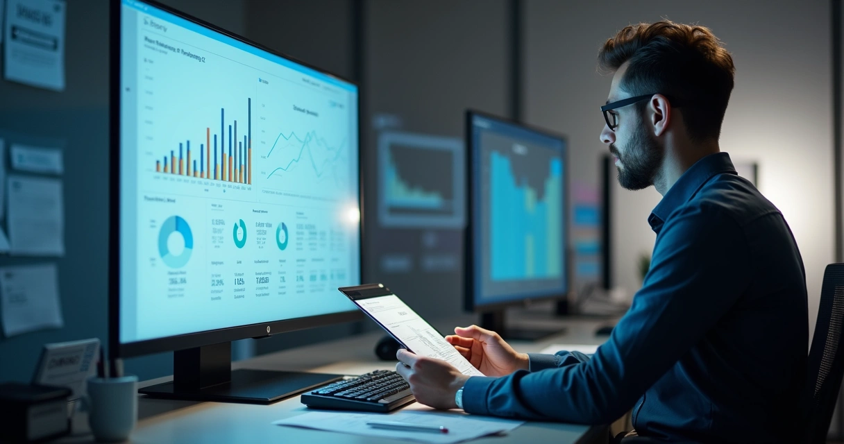 Profissional analisando recibos digitais organizados em tela de computador com gráficos financeiros.