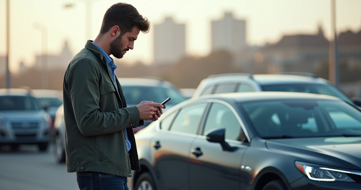 Motorista conferindo boletos digitais no celular ao lado do carro 