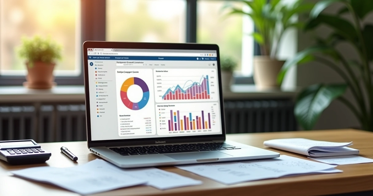 Mesa de trabalho com laptop exibindo dashboard financeiro, notas fiscais e calculadora organizados 