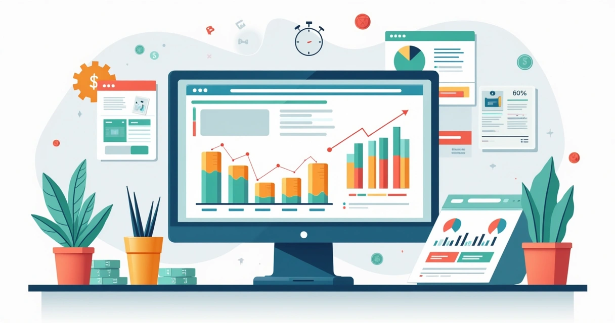 Planilha financeira com gráficos coloridos e notas fiscais sobre a mesa.
